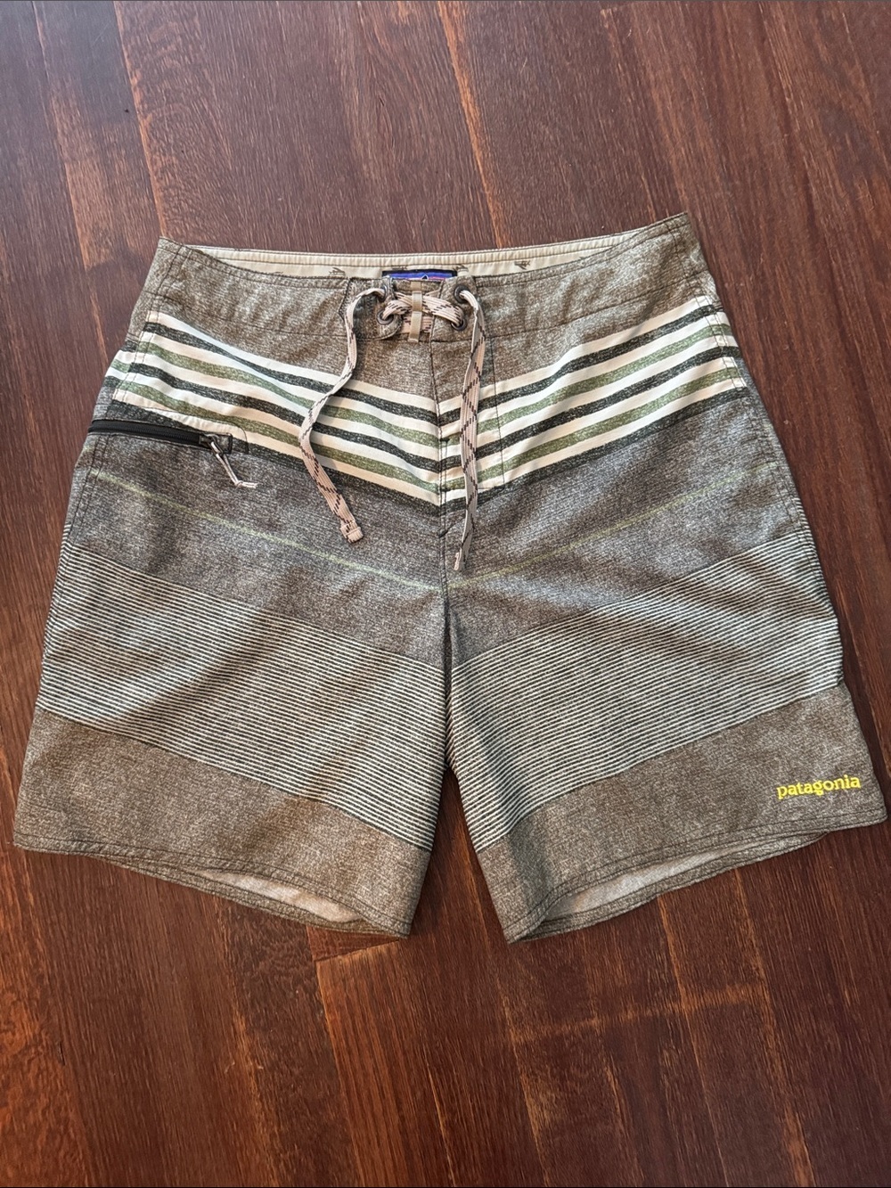 Patagonia Olive Gray Striped Men's Board Shorts